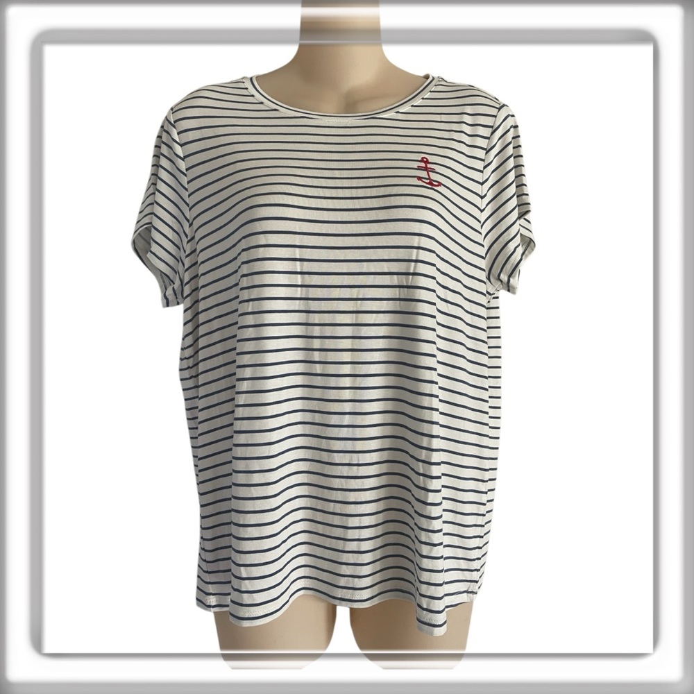 NWT BRIT.NY Nautical Striped Tee T-Shirt Embroidered Anchor Stretch Size Large